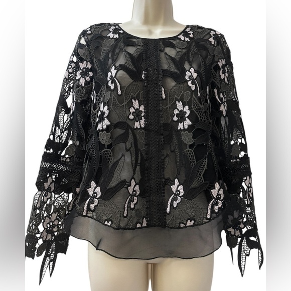 Karina Grimaldi Women’s Black Floral Lace Top Size S Sheer Long Sleeves - Picture 1 of 12